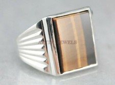 Natural Tiger's Eye Gemstone with 14K White Gold Plated Silver Men's Ring 1604
