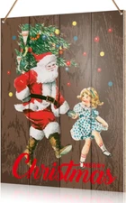 Vintage Christmas Wooden Wall Sign - Farmhouse Santa Holiday Decor, 10 x 8 Inch