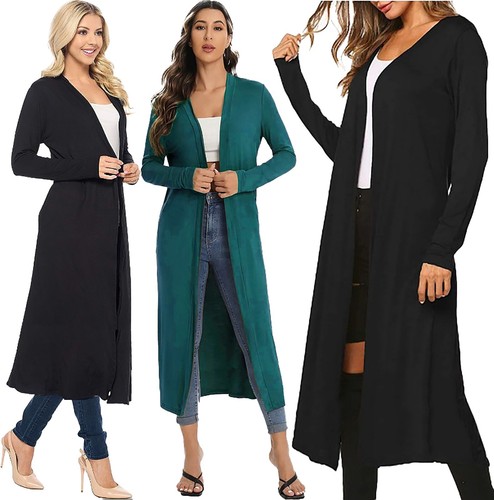 Abrigo para mujer Longline Duster Chaqueta Abrigo Frente Abierto Cardi Mangas 3/4 Turn Up Cardigan - Imagen 2 de 12