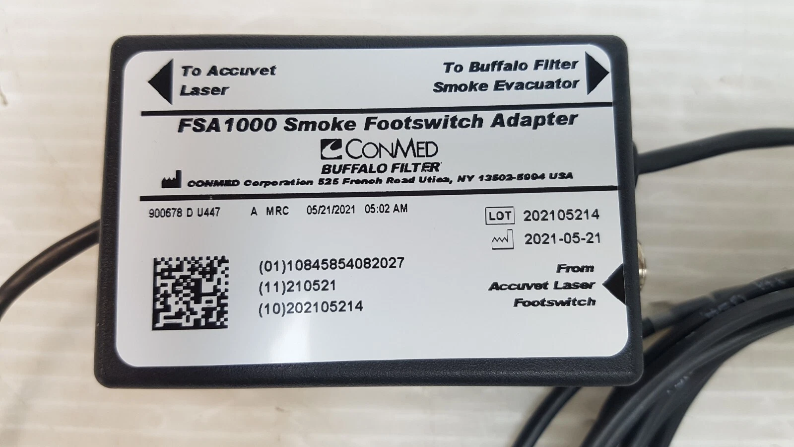 FSA1000 label: To Accuvet Laser, To Buffalo Filter Smoke Evacuator, lot 202105214