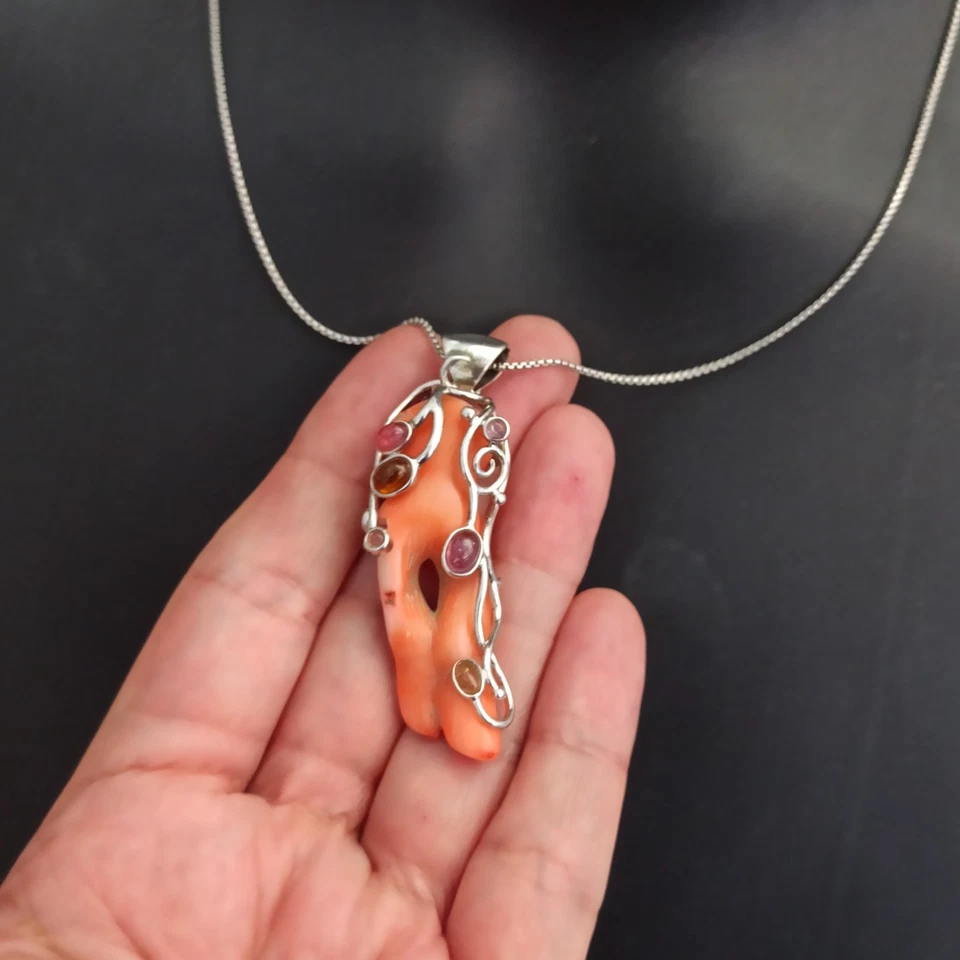 Coral ÚNICO Collar Artesanal Plata Esterlina Modernista Art Nouveau Regalo Renacimiento Foto 4 de 4