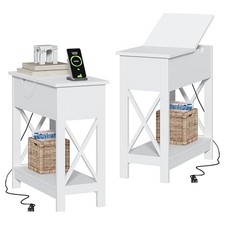 End Table with Charging Station, Narrow Flip Top Side Table with 2 Pack White