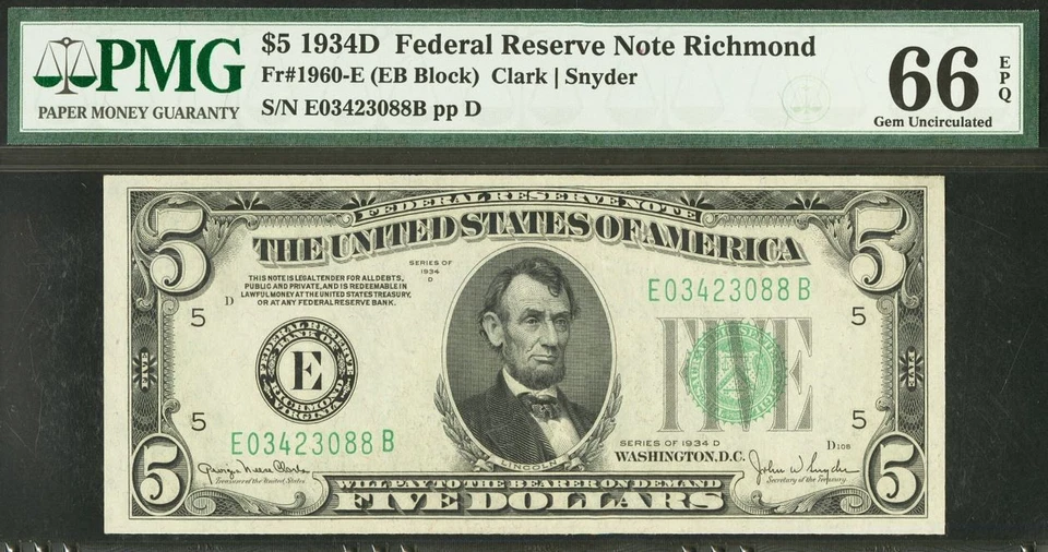 1934D $5 Federal Reserve Note PMG 66EPQ - 2nd Highest Graded Richmond Fr 1960-E - Image 3 of 4