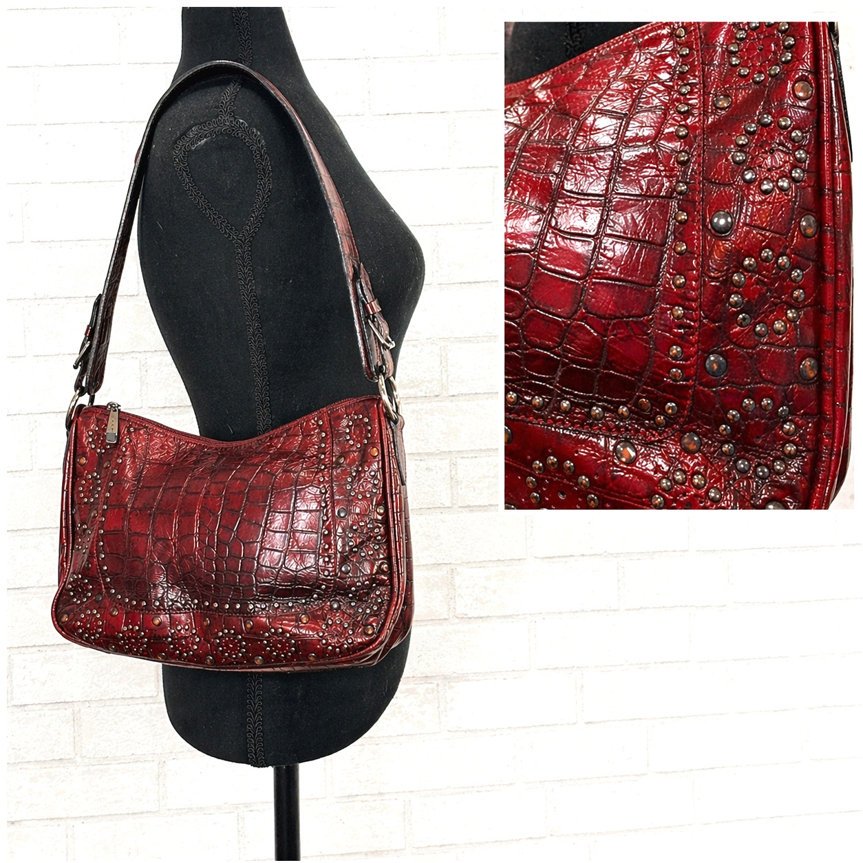 Berge Italy Burgundy Leather Croc Shoulder Bag Studded Purse Y2K Boho Western