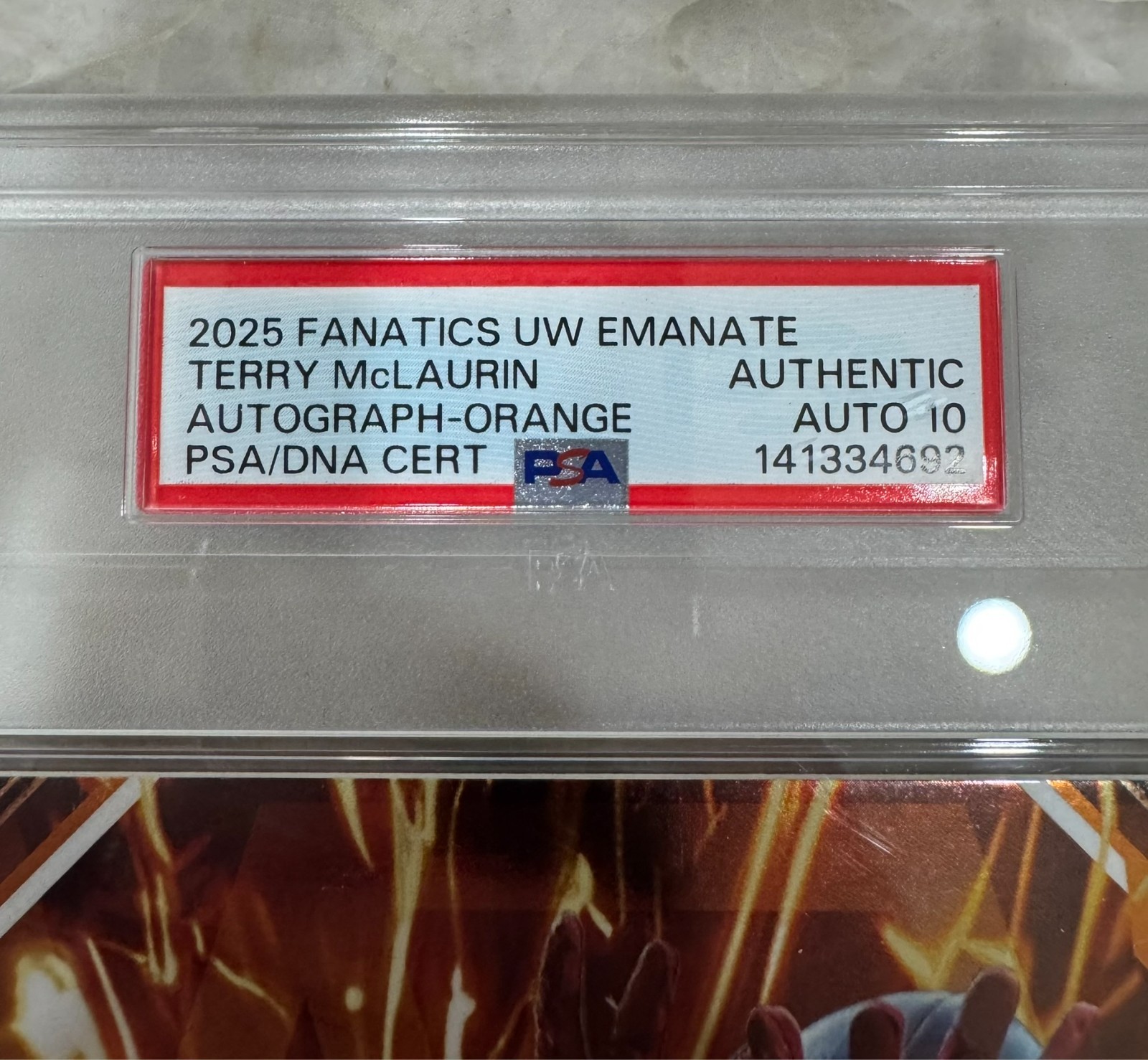 2025 Fanatics  Emanate football Terry McLaurin Orange 24/25 PSA Auto 10 view 3