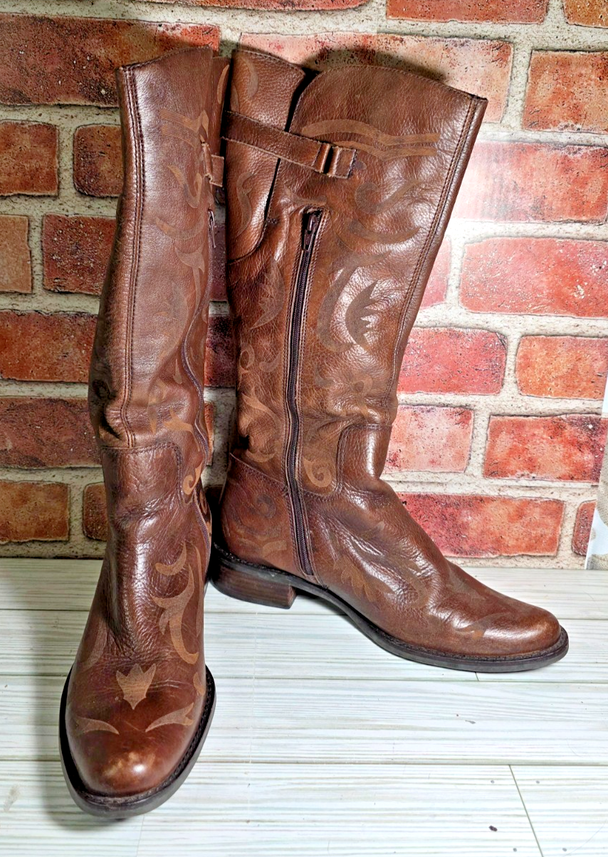 MATISSE W Embossed Western Leather Cowgirl Boots Size 6M Brazil Creed Tall Riding Boots