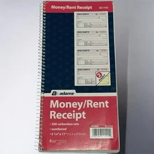 Adams Money and Rent Receipt Book 2-Part Carbonless 5-1/4" x 11" Spiral Bound...