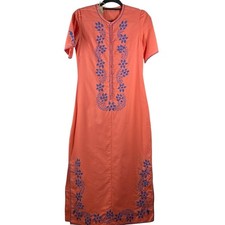 Vtg Orange Floral Embroidered Kaftan Maxi Dress S/M Tunic V Neck Short Sleeve