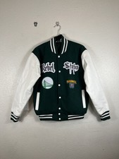 Rebel Status Oakland Legacy Varsity Jacket Green/White Golden State Patch Sz L