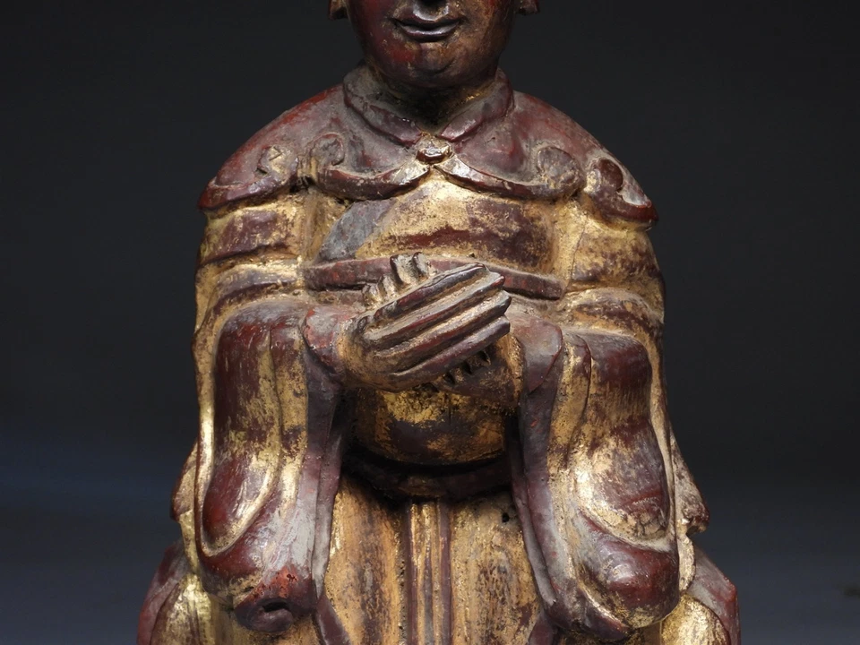 Estatua de Buda de la deidad taoísta lacada y dorada de la dinastía Qing china con inscripción Foto 3 de 4