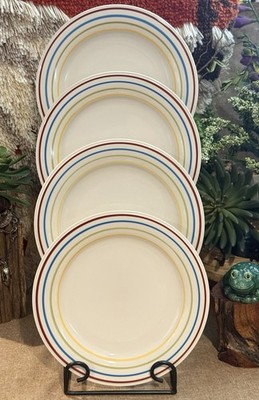4 VTG 80 s Studio Nova PRIMARY Rainbow Stripes DINNER PLATES Art Deco EUC Japan