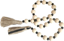 Farmhouse Wood Bead Garland with Tassels, 39 Inch Natural Wooden Bead Decor for