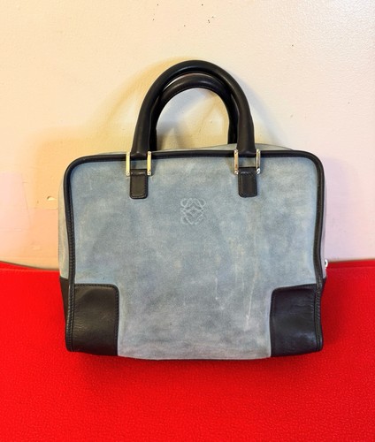 LOEWE Amazona 32 Blue Suede Leather Embossed Logo Hand Bag Boston (Flawed)