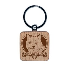 Cat Breed Chartreux Heart Pet Engraved Wood Square Keychain Tag Charm
