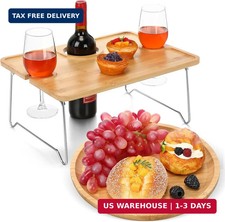 Picnic Foldable Wine Table with Bamboo Plate Kit, Handmade Handle Portable Bambo