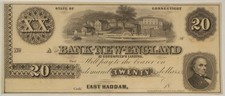 1860s $20 BANK OF NEW ENGLAND EAST HADDAM, CONNECTICUT UNISSUED REMAINDER AU/UNC