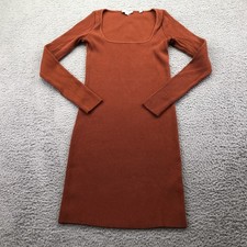 Vince Dress Womens Small Petite Orange Ribbed Knit Square Neck Sweater Midi