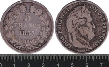 France: 1837W 5 Francs King Louis Philippe I silver 5F. Lille Mint