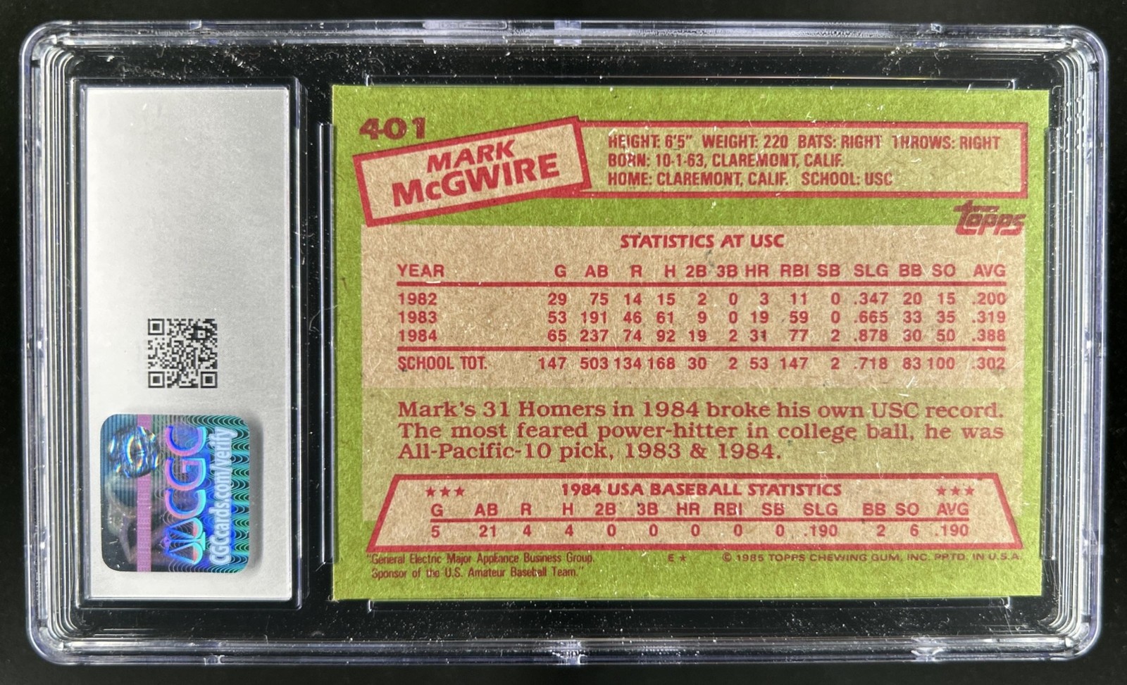 1985 Topps Mark McGwire - Rookie RC #401 CGC 8 view 2