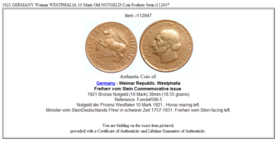 1921 GERMANY Weimar WESTPHALIA 10 Mark Old NOTGELD Coin Freiherr