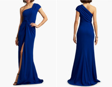 TADASHI SHOJI Mystic Blue Knotted Twist Draped One Shoulder High Slit Gown S 4/6