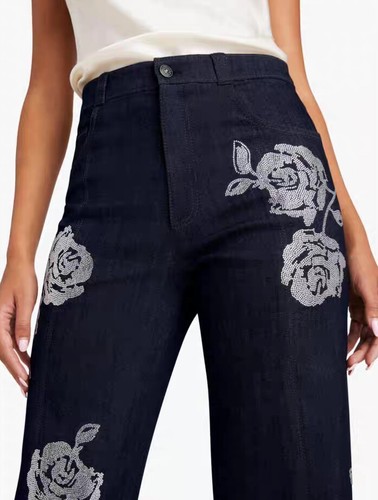 Women Cinq A Sept Rhinestone Slim Straight Wide Leg Cropped Pants