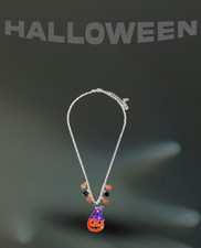 Halloween Necklace Orange Pumpkin with Purple Hat Silvertone Hand Made Jewelry