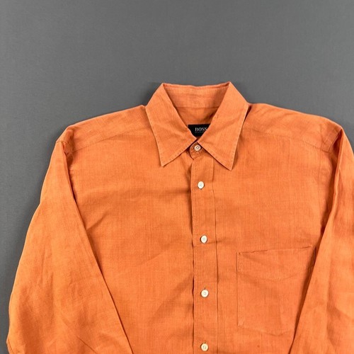 Hugo Boss Shirt Mens Extra Large Orange Linen Button Up Classic Camp Summer - Picture 2 of 13