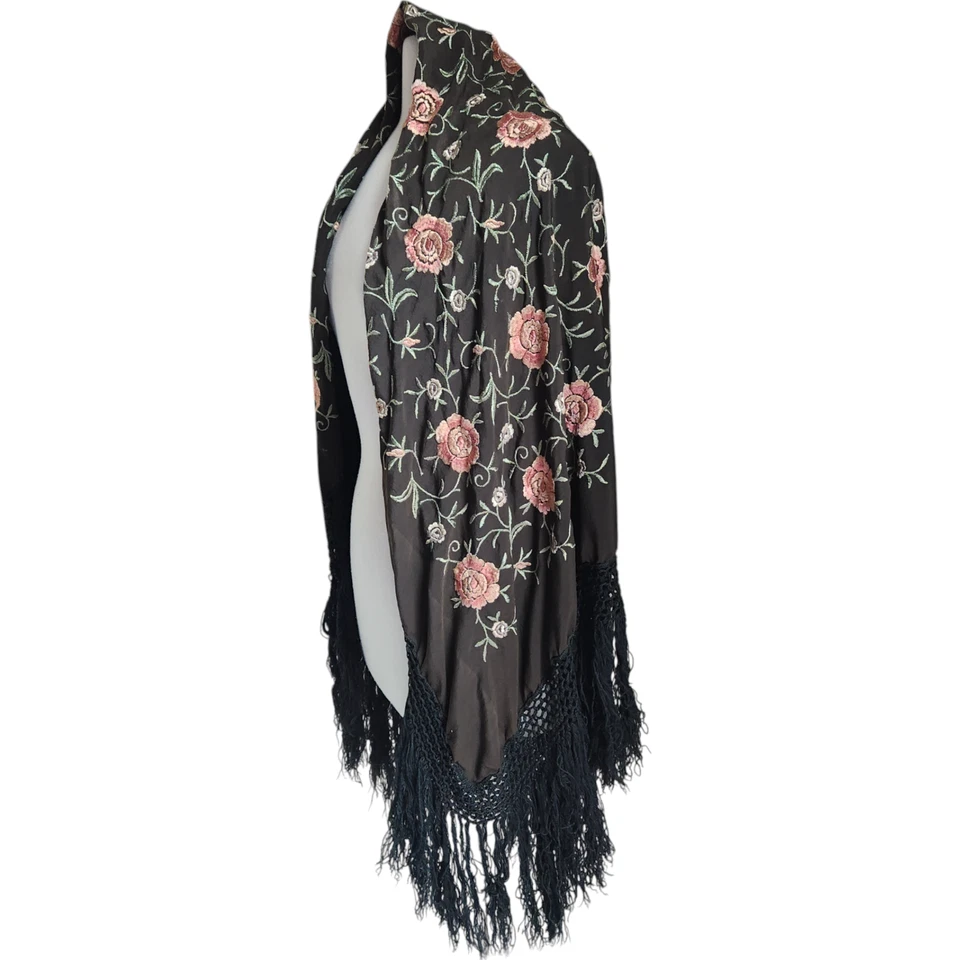 Antique Vintage Silk Embroidered Piano Shaw Floral Fringe Brown - Image 3 of 4