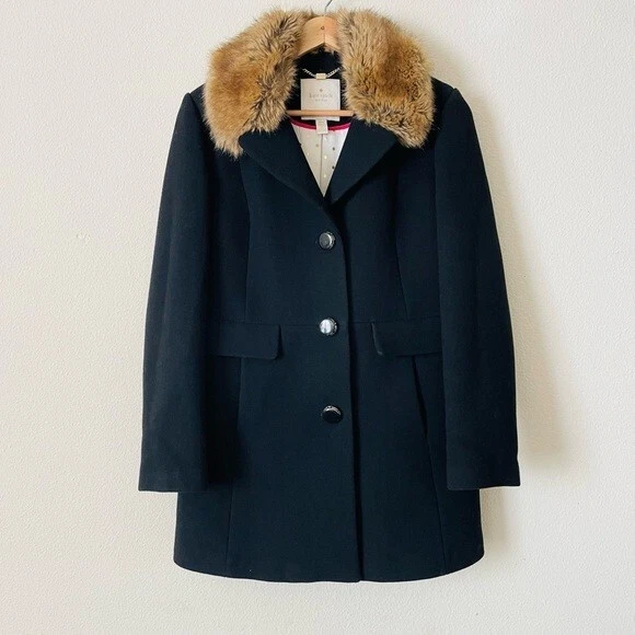 Cappotto Kate Spade MEDIUM pelliccia sintetica lana nero monopetto tasche pea