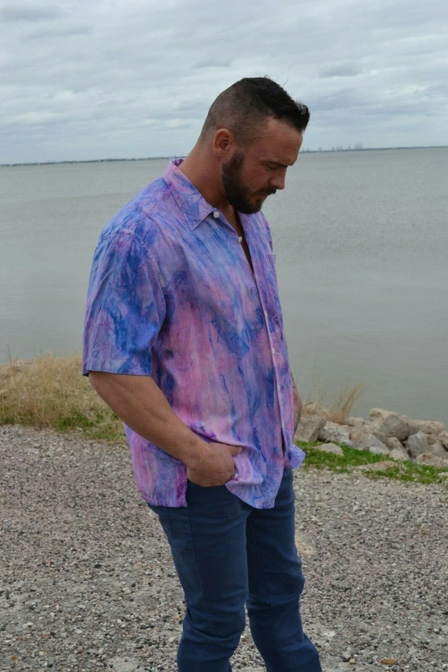 NEW Mens Short sleeve Silk Shirt Purple pink navy blue lavender tie dye large XL - Image 4 of 4