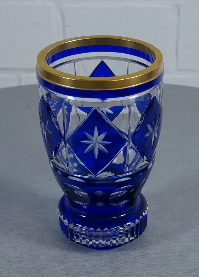 Bleikristall Vase Blumenvase Feinschliff Kobaltblau Goldrand Böhmen 70er Jahre - Bild 2 von 4