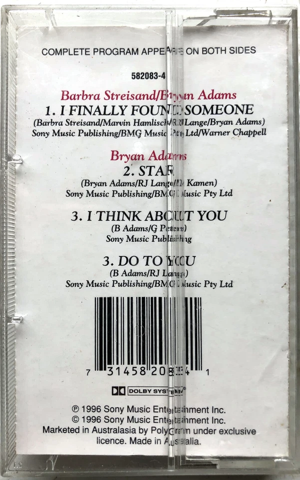 Barbra Streisand Bryan Adams I Finally Found Someone (Cassette Tape, 1996) VGC - Image 3 of 4