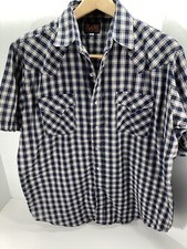 Plains Western Wear Pearl Snap Shirt Men Size Large Blue Check Short Sleeve VTG
