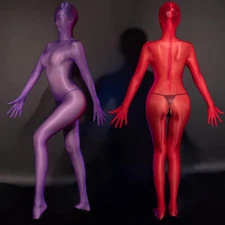 Womens See Though Oil Shiny Glossy Elastic Bodysuit Jumpsuit Zipper Bodystocking