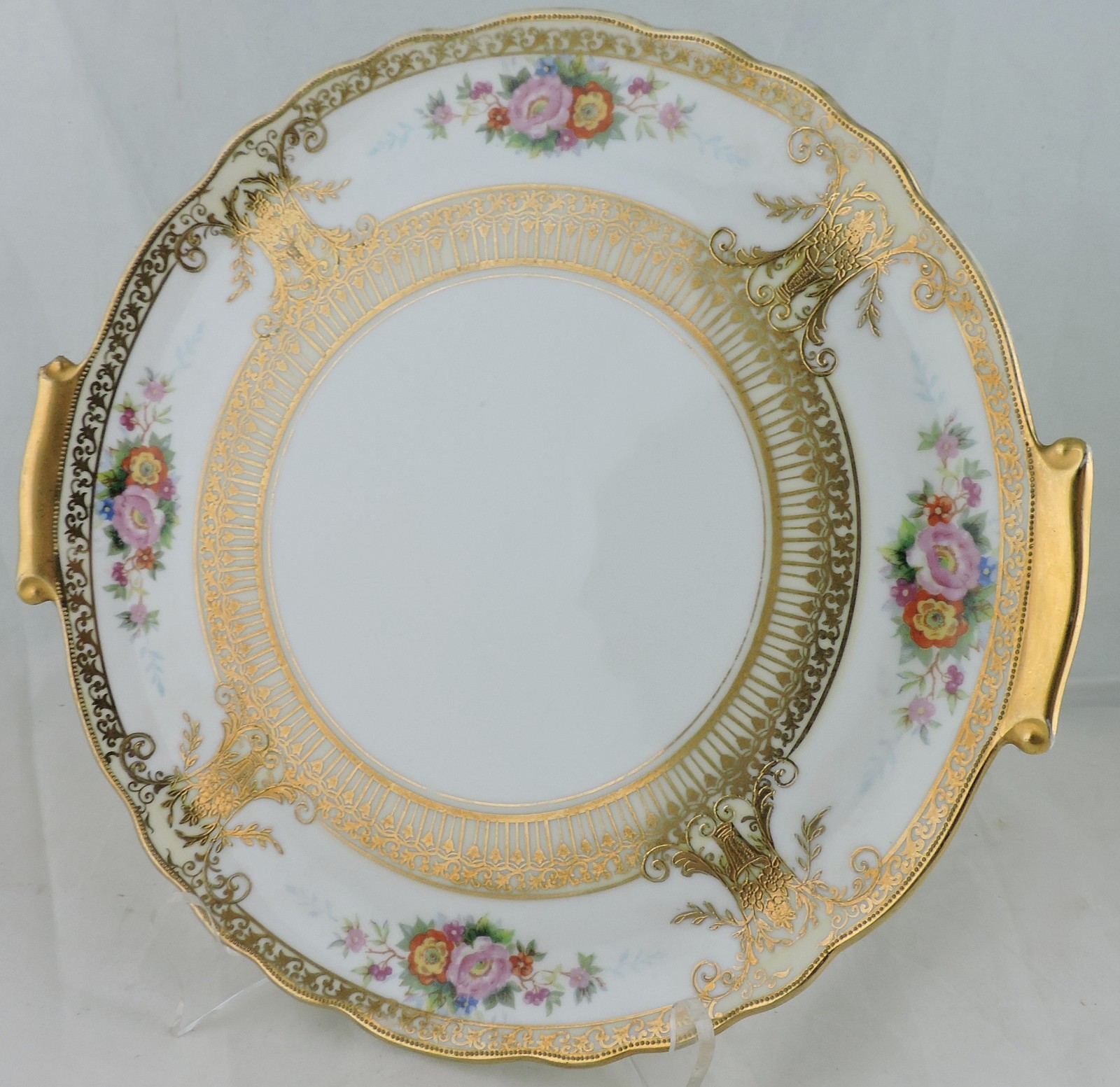 ANTIQUE HANDLED CAKE OR DECORATIVE PLATE RAISED GOLD SCROLL FLOWER BOUQUET