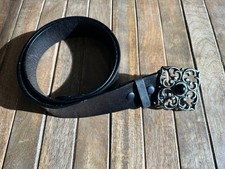 M 34  Black Genuine Leather Belt W Pewter Buckle