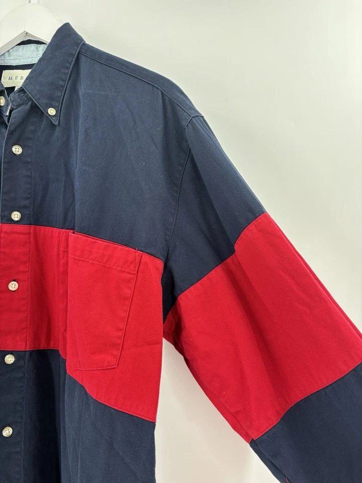 Camisa Merona Vintage Abotonada Para Hombre Mediana Azul Rojo Rayas Mangas Largas Años 90 Foto 2 de 4