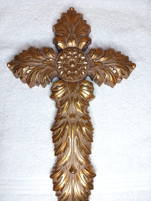 Vintage Gold Tone Wall Hanging Cross Feathered Foliage Texture MCM 17.5 x 11''