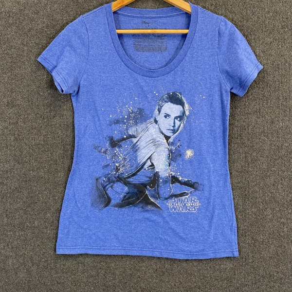 Star Wars Rey Shirt Womens M Blue Graphic Tee Disney Store Movie Space Ladies