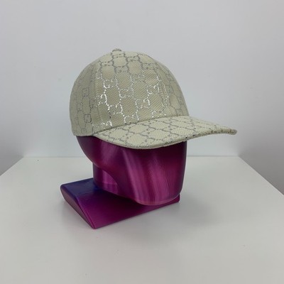 Gucci GG Monogram Silver Lamé Canvas Baseball Cap Hat White Size M