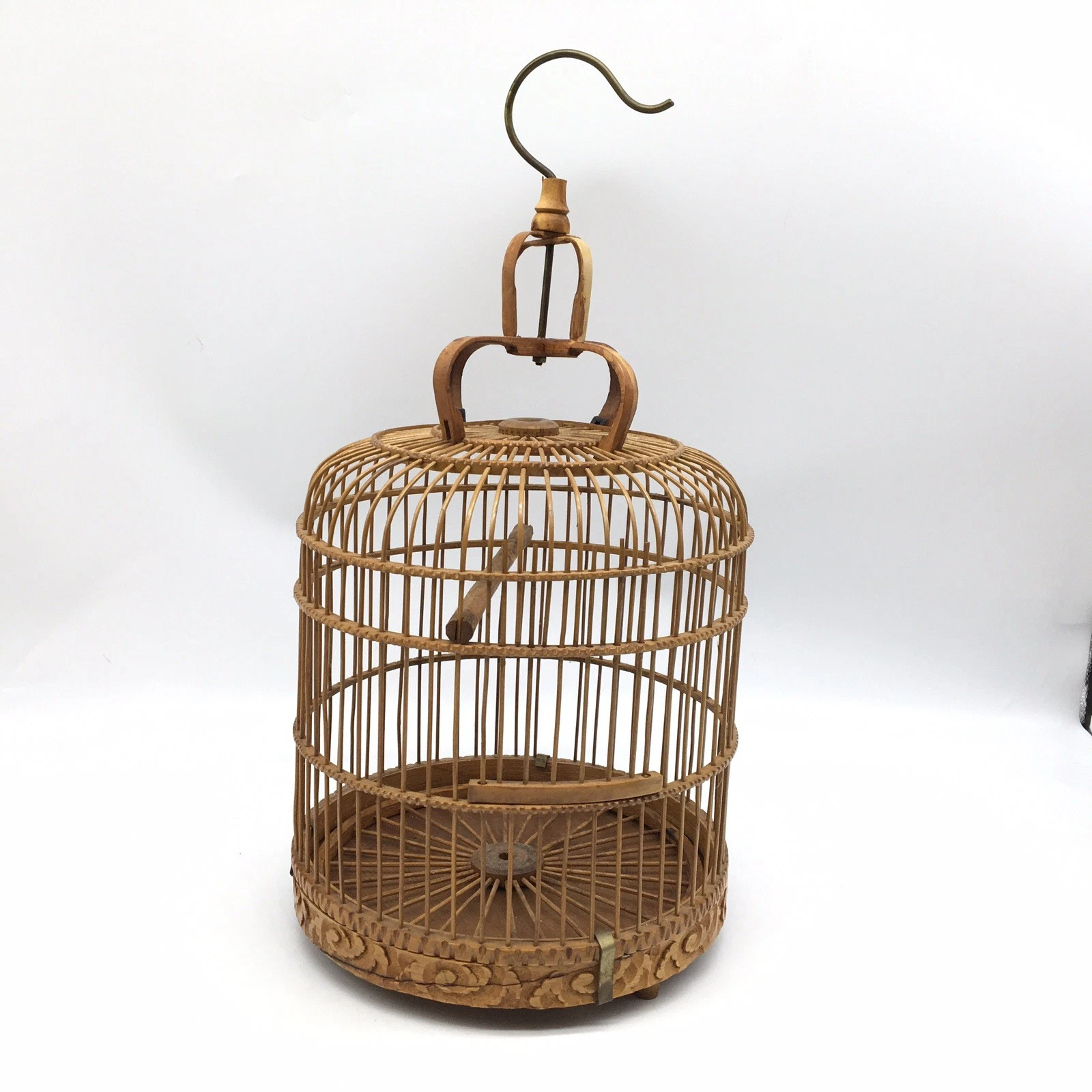 Vintage Chinese Bamboo And Carved Wood Song Bird Bird Cage 16”Hx9.5”W READ