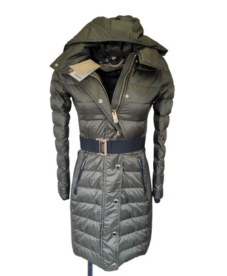 Burberry Puffer Coat XXS UK 2 USA 0 Jacke Olivgrün Daunen Kapuze Abbeydale 