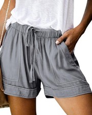 Ladies Drawstring Casual Shorts Summer Elastic Waist Cotton Shorts Loose Fit ...