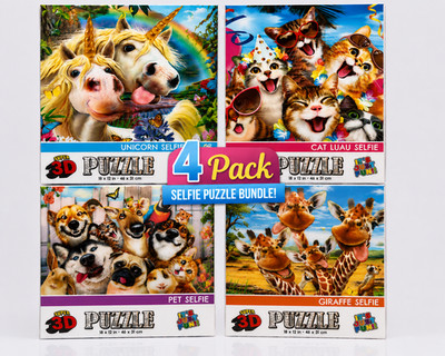 Super 3D Selfie Puzzle Bundle 4-Pack Cat Unicorn Giraffe Pet Puzzles