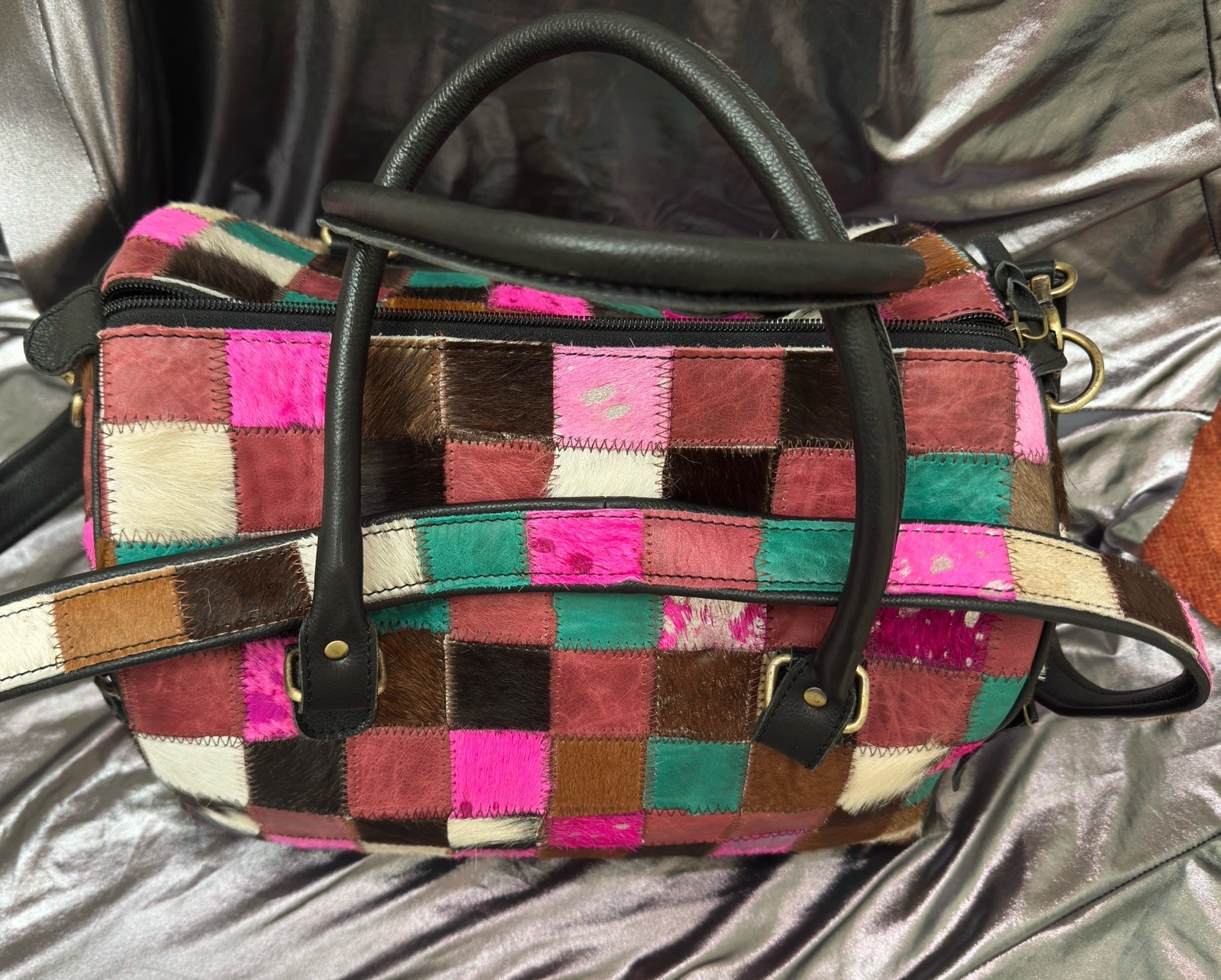 Cowhide Multicolor Patchwork Barrel Handbag Tote - image 7