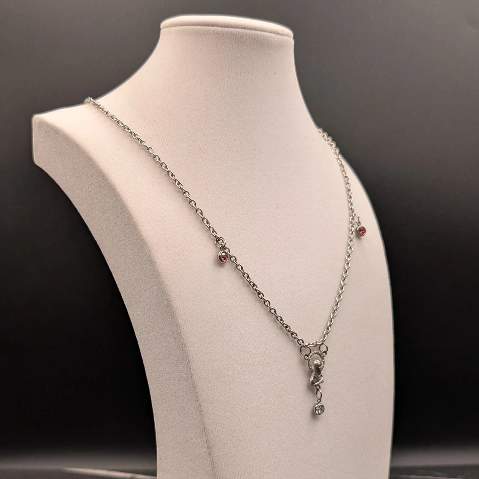 Silver Tone Necklace w/ Red Crystal Accents & Dangling Bell Charm Holiday Cute - Image 2 of 4