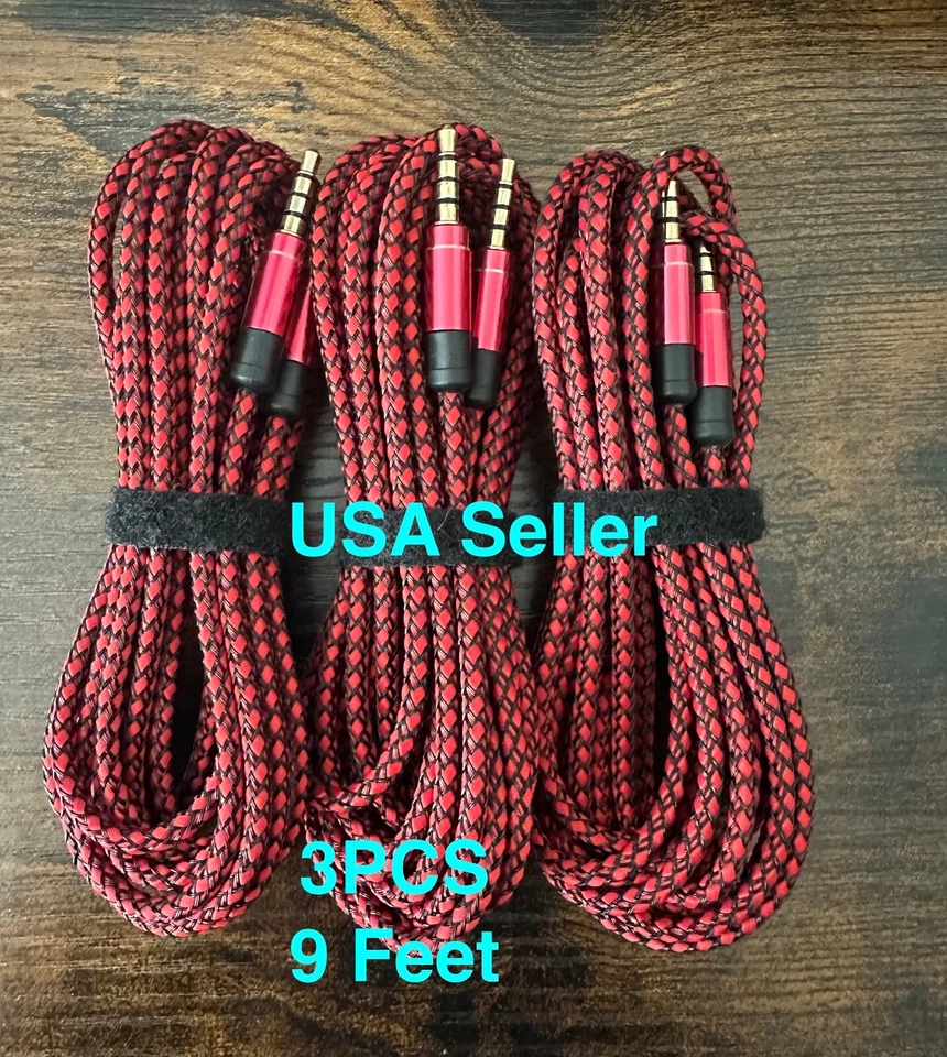 3.5mm Male to Male Aux Cable Cord Car Audio PC Headphone Jack Red 9FT X3pcs - Image 2 of 3