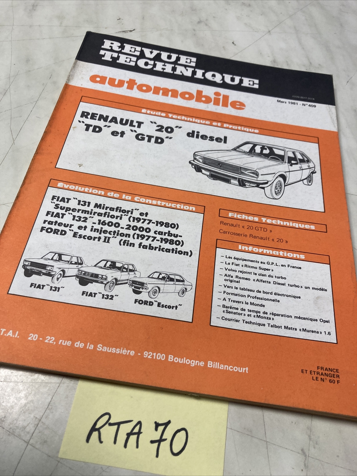 Renault 20 R20 Td GTD Revisione Tecnica Automobile RTA Evoluzione Fiat ...