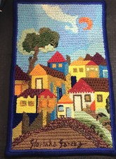 Completed Latch Hook Rug Wall Hanging Houses Colorful Signed Original Design